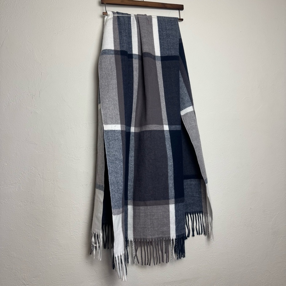 Pretty Persuasions Navy Gray Flannel Plaid Tartan Blanket Scarf